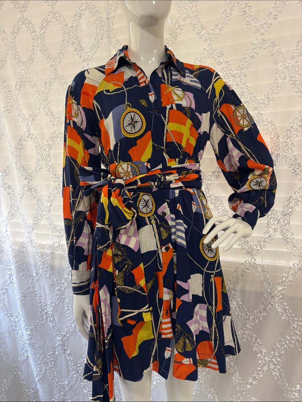 Navy Nautical Print Button-Front Shirt Dress